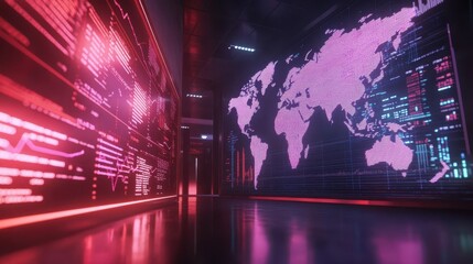 Poster - global stock market concept with digital glowing screen with world map scheme, diagram and financial