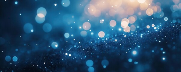 Poster - Abstract blue bokeh lights with a soft golden glow in background