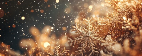 Poster - Golden snowflakes in winter wonderland with sparkling bokeh background