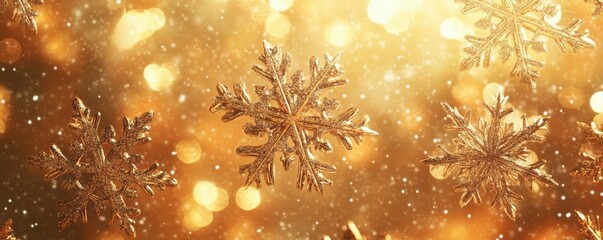 Poster - Glittering golden snowflakes against a festive bokeh background