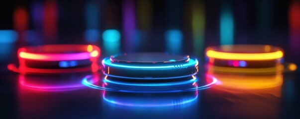 Poster - Glowing neon rings on reflective surface with vibrant colors