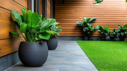 Wall Mural - Indoor gardening idea. A modern garden featuring elegant potted plants beside a wooden wall and green grass.