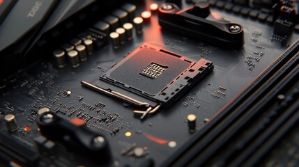 Poster - Close-up of a computer motherboard showcasing intricate details and integrated components