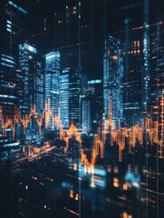 Poster - business chart double exposure, cityscape with stock market graph, investment banking dark blurred m
