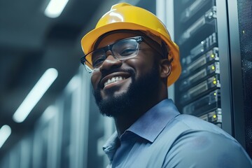 Poster - Smiling African American IT Technician Wearing Yellow Hard Hat and Glasses in Modern Data Center Server Room Happy Professional Network Engineer Happy