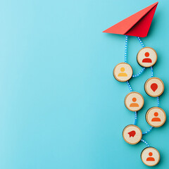 Poster - Red paper airplane flying along a path of wooden tokens with human icons, career development concept. Business background