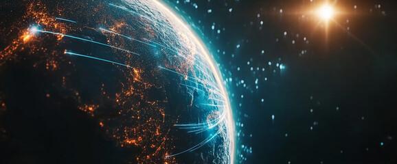 Poster - Abstract digital earth with glowing lights and data lines, futuristic global network concept