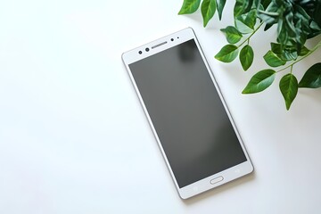 Poster - White Smartphone Mockup with Green Leaves Minimalist Flatlay Modern Technology Device Screen Blank Space Digital Gadget Clean Design Simple Background