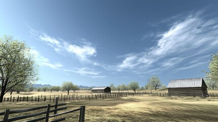 Wall Mural - Rural ranch under sunny sky, fenced pasture, mountains background