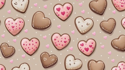 Poster - A warm brown backdrop features an array of sweet, whimsical hearts in various shades of pink, creating a delightful pattern. This nostalgic design evokes feelings of love and joy