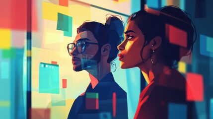 Poster - woman man thinking. couple behind glass planning board with tasks. team brainstorm, detectives at wo