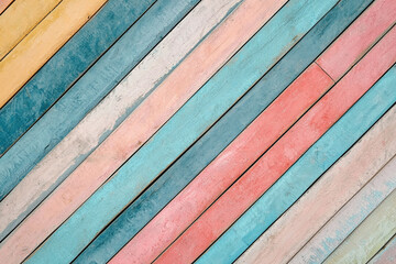 Wall Mural - Colorful diagonal wooden planks creating a vibrant background with a rustic feel for design projects