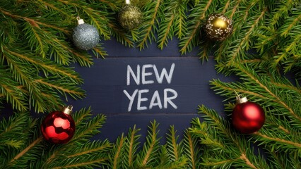 Wall Mural - Evergreen tree branches surround a dark wooden background with the text New Year written in white, adorned with colorful Christmas ornaments.