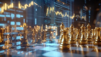 Poster - stock exchange and investing strategy concept with golden and silver chessmen and digital virtual sc