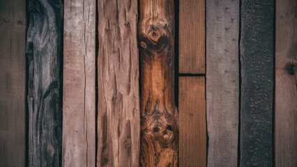 Wall Mural - Natural wood texture featuring various tones of brown and grey planks arranged vertically to highlight organic patterns and character in design