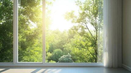 Poster - A scenic view of a green forest and clear sky seen from a minimalist apartment window, with sunlight pouring into the room