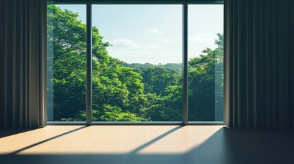 Poster - A scenic view of a green forest and clear sky seen from a minimalist apartment window, with sunlight pouring into the room