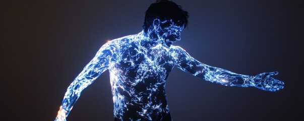 Poster - Glowing bioluminescent effect on male human silhouette with blue light patterns