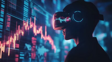 Poster - modern stock market concept with digital human face silhouette in glowing virtual reality headset an