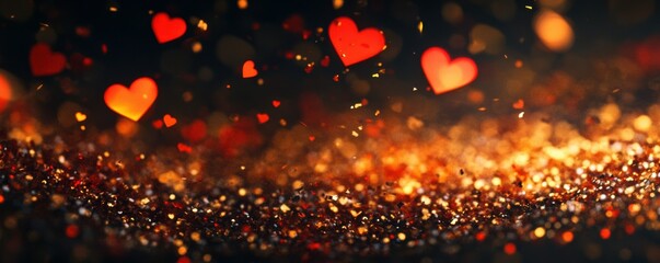 Poster - Glowing red hearts falling on sparkling golden surface with bokeh lights