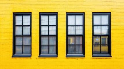 Poster - Vibrant Yellow Wall with Black Framed Windows in Urban Setting