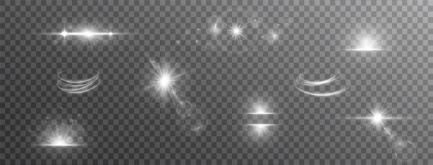 Wall Mural - Light effects. Isolated white transparent light effects, glare, explosion, sparkle, dust, line, solar flare, spark and stars, spotlight, curve rotation. Sunlight, abstract special effect.	