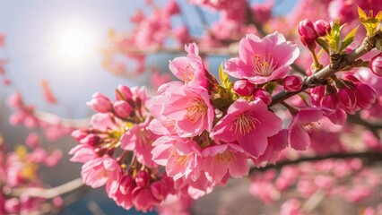 Wall Mural - Pink cherry blossoms in full bloom against a soft blue sky, with sunlight softly illuminating the flowers, creating a serene spring atmosphere.