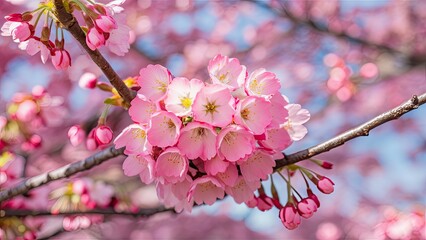 Wall Mural - Delicate pink cherry blossoms cluster on branches against a bright blue sky with soft bokeh background, capturing the essence of springtime beauty.