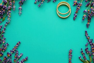 teal background with lavender flowers and gold wedding rings romantic design