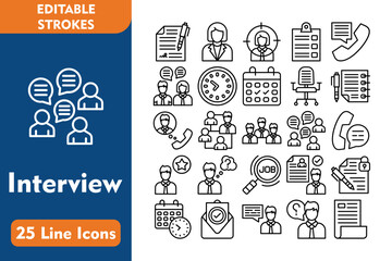 Wall Mural - Interview Line Editable Icons set. Vector illustration in thin line modern style related icons:contract, manager, headhunting, clipboard, phone call, conversation, time, calendar, office chair,