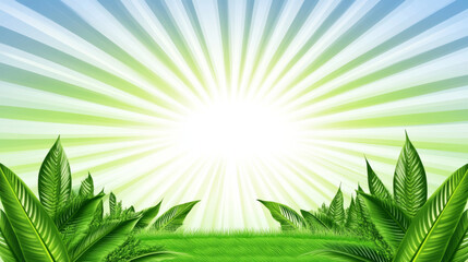 Wall Mural - Bright sunburst over lush green leaves and grass