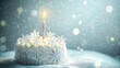 © BerkahStock - Winter birthday cake with lit candle, snowflake decorations, and snowy background.