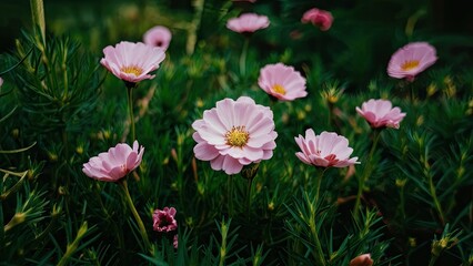 Wall Mural - Delicate pink flowers bloom in the foreground surrounded by lush green foliage under soft natural light creating a serene garden atmosphere.