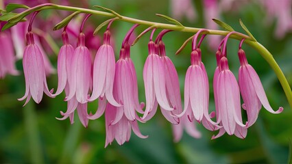 Wall Mural - Delicate pink bell-shaped flowers gracefully hang in a lush garden, displaying vibrant green foliage in the background, creating a serene atmosphere.