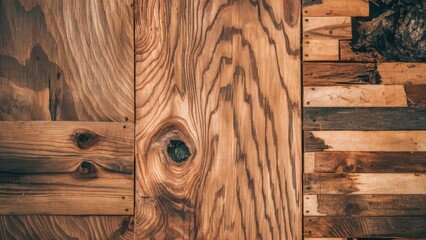 Wall Mural - Natural wood texture depicting warm brown oak and walnut grains with distinct knots and bark, arranged with rustic wooden planks and patterns.