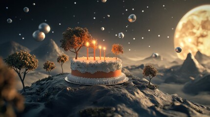 Wall Mural - festive birthday cake on a surreal, moonlit landscape with miniature trees and glowing candles.