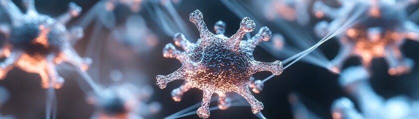 Poster - A network of luminous virus particles interconnected by delicate, web-like filaments illustrates the concept of infection transmission. The dark background enhances the visual impact