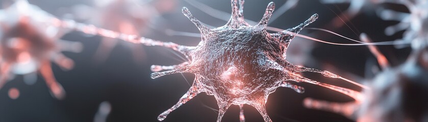 Poster - Glowing virus particles form a dynamic network interconnected by soft filaments, illustrating the spread of infection against a dark background with subtle highlights, allowing for branding