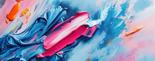 Poster - Abstract acrylic paint strokes in vibrant blue pink and orange hues