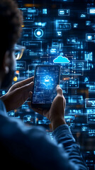 Poster - Man using phone, secure cloud data, night, digital background