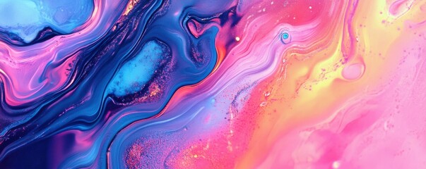 Poster - Vivid abstract fluid art with vibrant swirls of pink, blue, and yellow