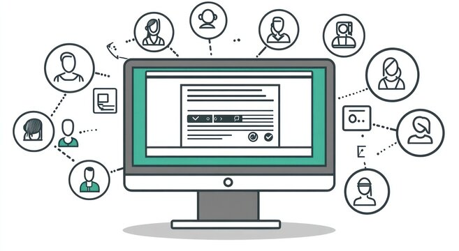 Illustration of a computer screen with user profiles and a document, representing online interaction.
