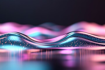 Poster - A mesmerizing metallic surface displays gentle ripples capturing vibrant neon reflections in pink, blue, and green tones