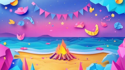 Wall Mural - a vibrant, whimsical beach scene with a campfire, colorful decorations, and a sunset backdrop.