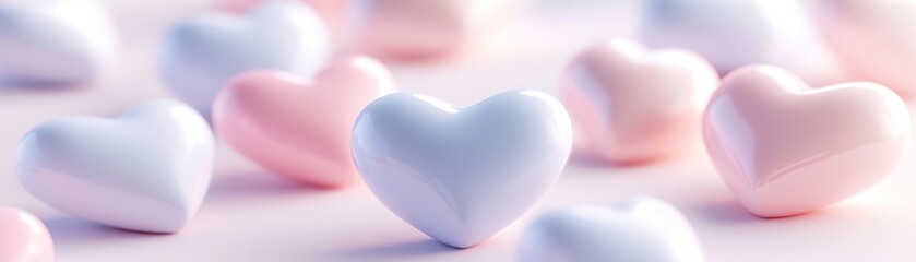 Poster - Soft pink, blue, and lavender hearts gently float on a light background, creating a comforting atmosphere perfect for branding or text overlays. Ideal for uplifting messages