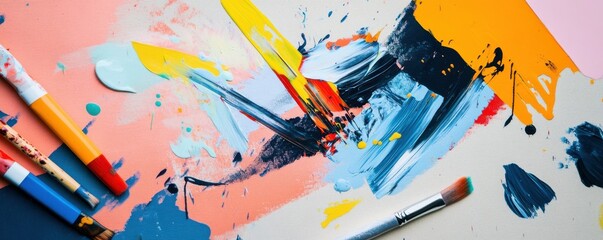 Poster - Colorful abstract painting with brushes and creative strokes on canvas