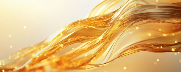 Poster - Flowing golden abstract waves with sparkling light particles