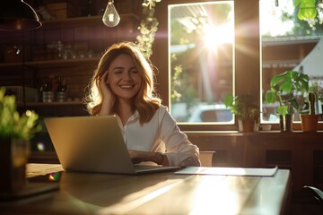 Poster - businesswoman at the table in cafetaria, smiling,talking on the laptop 