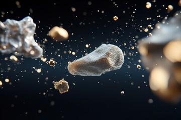 Poster - Glowing gold particles of various sizes float effortlessly against a dark gradient background, creating a magical atmosphere that's ideal for text overlays and elegant designs