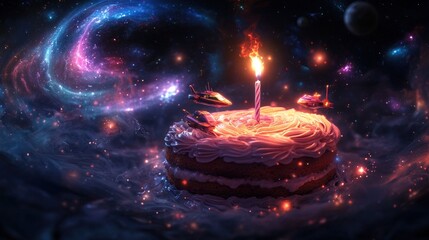 Wall Mural - a cosmic birthday cake with a candle, surrounded by a starry space backdrop.
